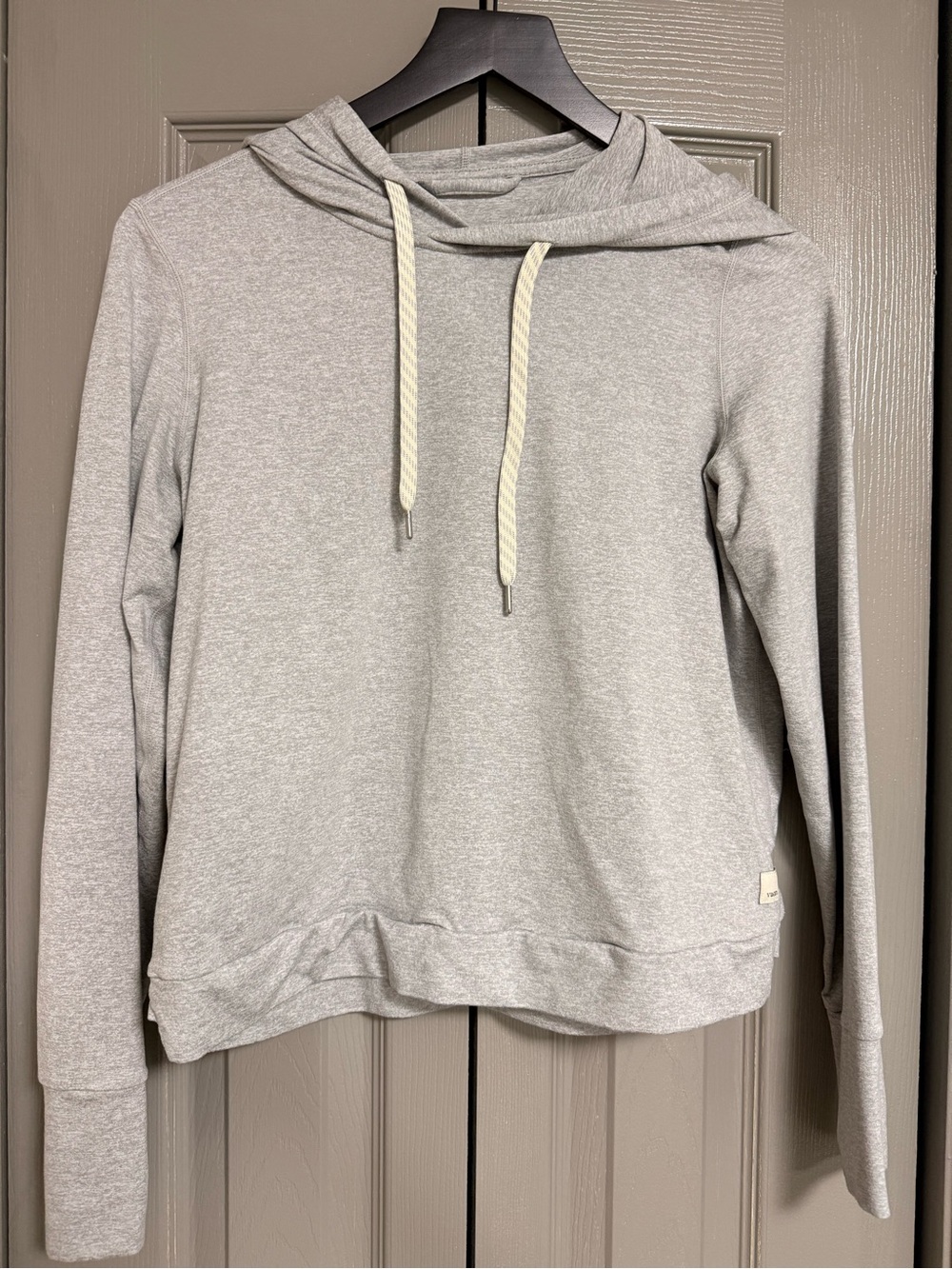 Vuori Heather Gray Lightweight Hoodie with Cream Drawstrings